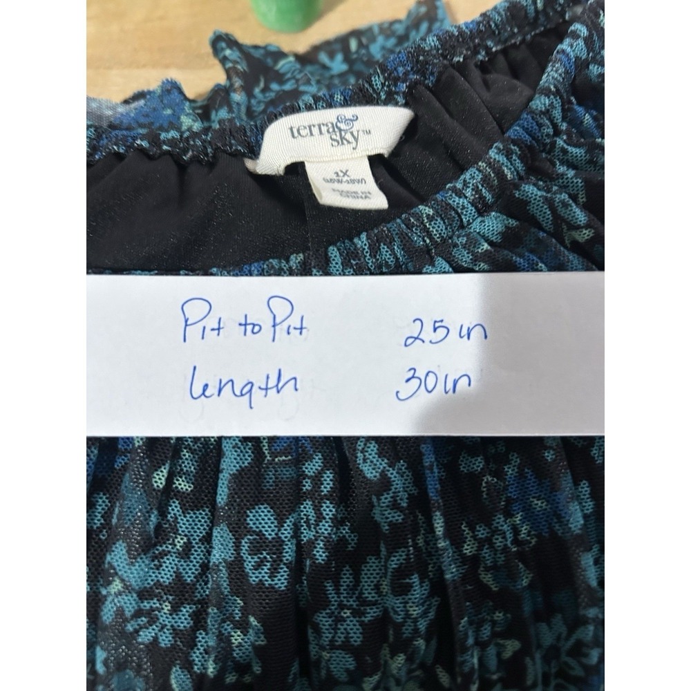 Terra Sky Plus Size 1X 16W 18W Blue Floral Sheer Long Sleeve Peasant Blouse - Picture 3 of 6